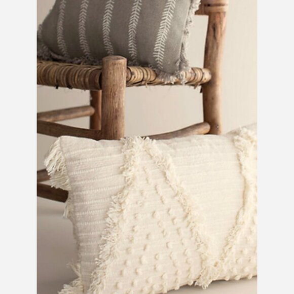 Lumbar Hand Woven Pillow – Cream Cotton with Fringe & Diamond Motifs, 22x14 - Picture 2 of 7